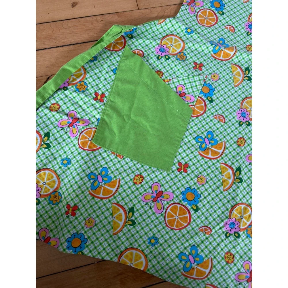 Vintage Reversible Apron Green Gingham Citrus Orange Butterfly Print Pocket
